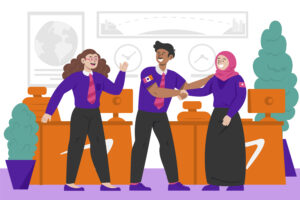 Illustration of three diverse business professionals in an office setting, dressed in purple uniforms with national flag patches, shaking hands and greeting each other, symbolizing American culture and etiquette in workplace interactions.