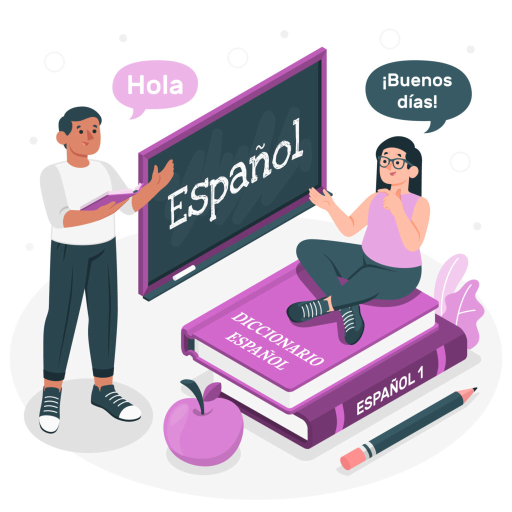 An illustrated educational scene featuring two characters learning Spanish. A man stands by a chalkboard displaying the word "Español," while a woman sits on large Spanish textbooks. Speech bubbles contain common Spanish greetings, emphasizing Spanish education and language learning.