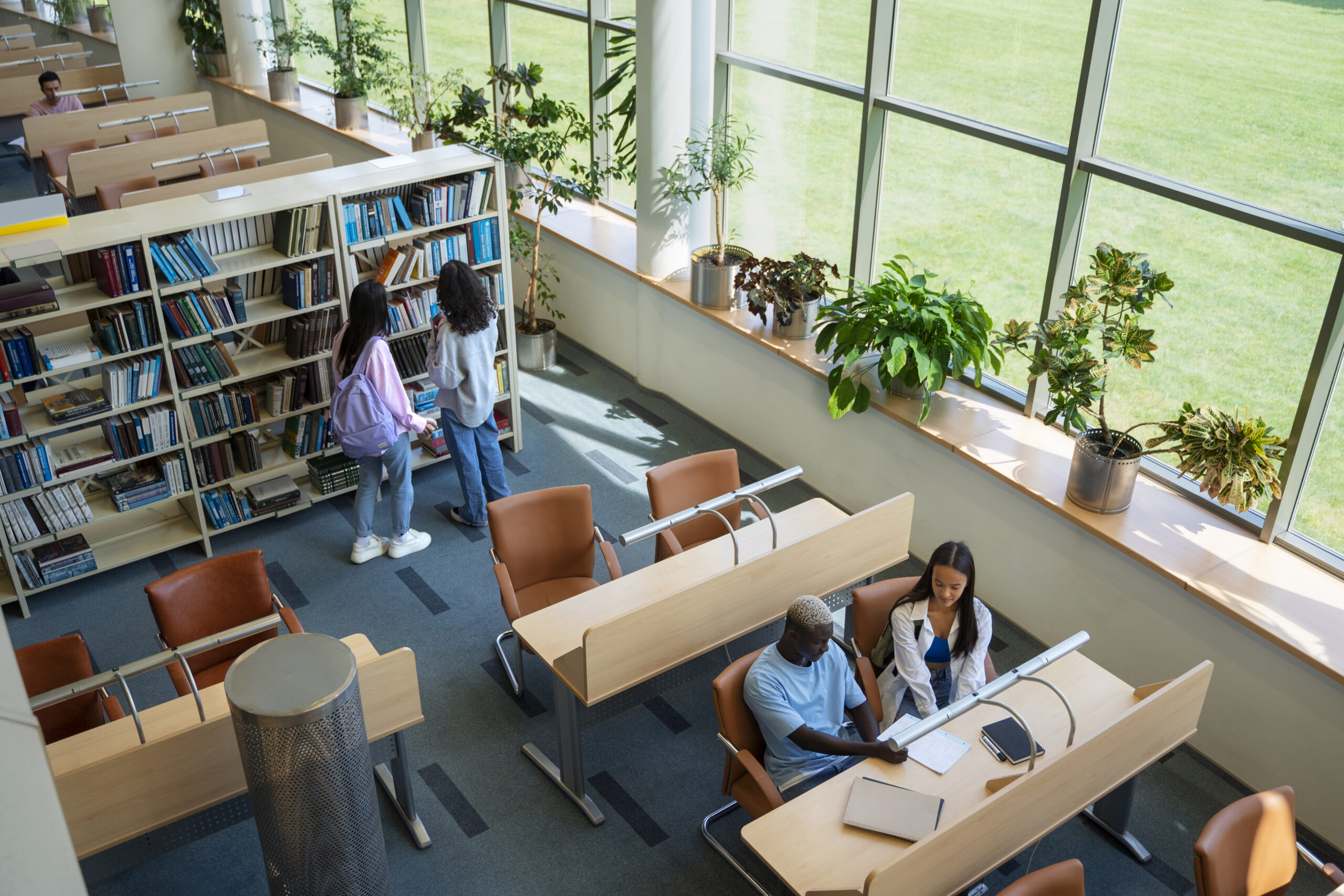 Students studying in a modern library with large windows and greenery, representing the academic environment of universities and programs in Denmark known for their innovative and student-friendly learning spaces.