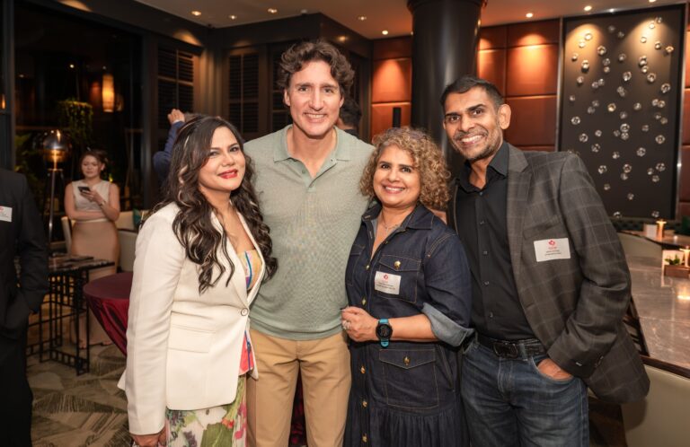 Honourable Justin Trudeau, former Prime Minister of Canada, with Jefrey Gomez, CEO – Canada Immigration and Visa, Sherin Gomez, Partner – Canada Immigration and Visa, and Carina Dipti Mathur, Founder – Canada Immigration and Visa (Singapore)