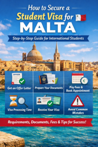 Infographic showing step-by-step process to secure a Malta student visa, featuring Valletta waterfront background and key steps like offer letter, document preparation, visa appointment, processing time, receiving visa, and avoiding common mistakes.