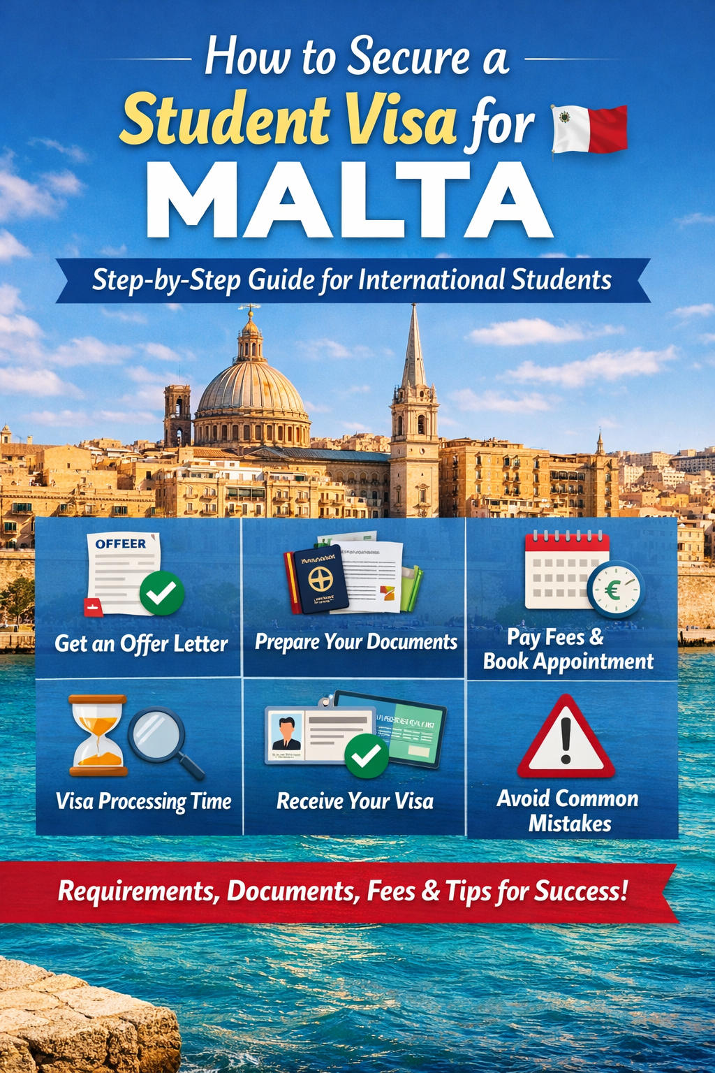 Infographic showing step-by-step process to secure a Malta student visa, featuring Valletta waterfront background and key steps like offer letter, document preparation, visa appointment, processing time, receiving visa, and avoiding common mistakes.