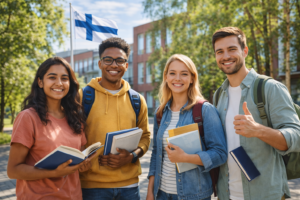 International students standing together on a Finnish university campus with books and backpacks, representing affordable tuition and scholarship opportunities for studying in Finland.