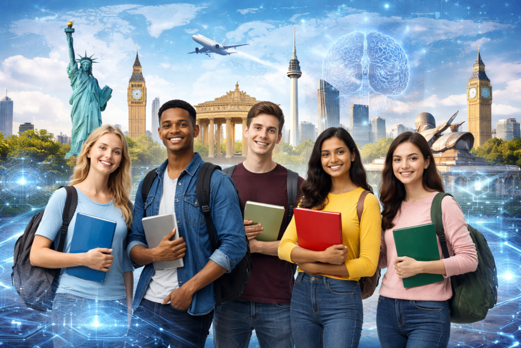 Diverse international students standing in front of global landmarks with AI technology elements, representing studying artificial intelligence in top countries around the world.