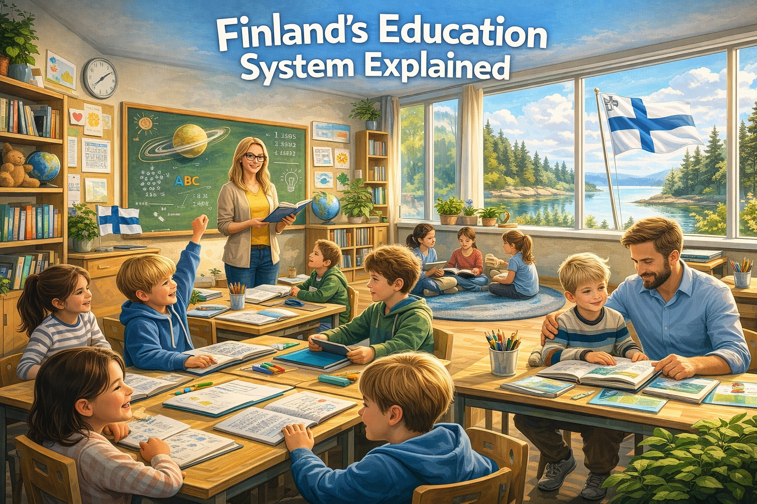 Illustration of Finland’s education system showing a student-centered classroom with engaged students, a teacher guiding learning, collaborative activities, and a Finnish landscape outside the window representing Finland’s innovative and balanced schooling approach.