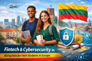 International students holding books in Vilnius with the Lithuanian flag, fintech symbols, and a cybersecurity shield representing Lithuania as a rising hub for fintech and cybersecurity studies in Europe.
