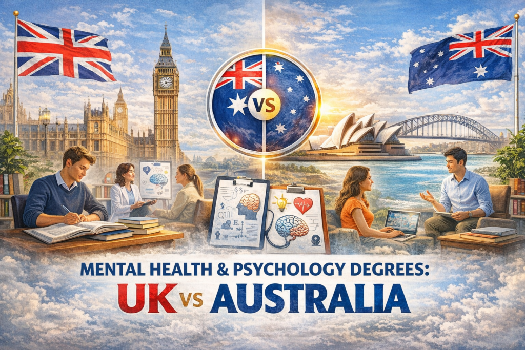 Split comparison illustration of psychology and mental health studies in the UK and Australia, featuring students studying on each side with academic settings, brain and mental health icons, and symbolic elements representing research-focused learning in the UK and practical, real-world training in Australia.