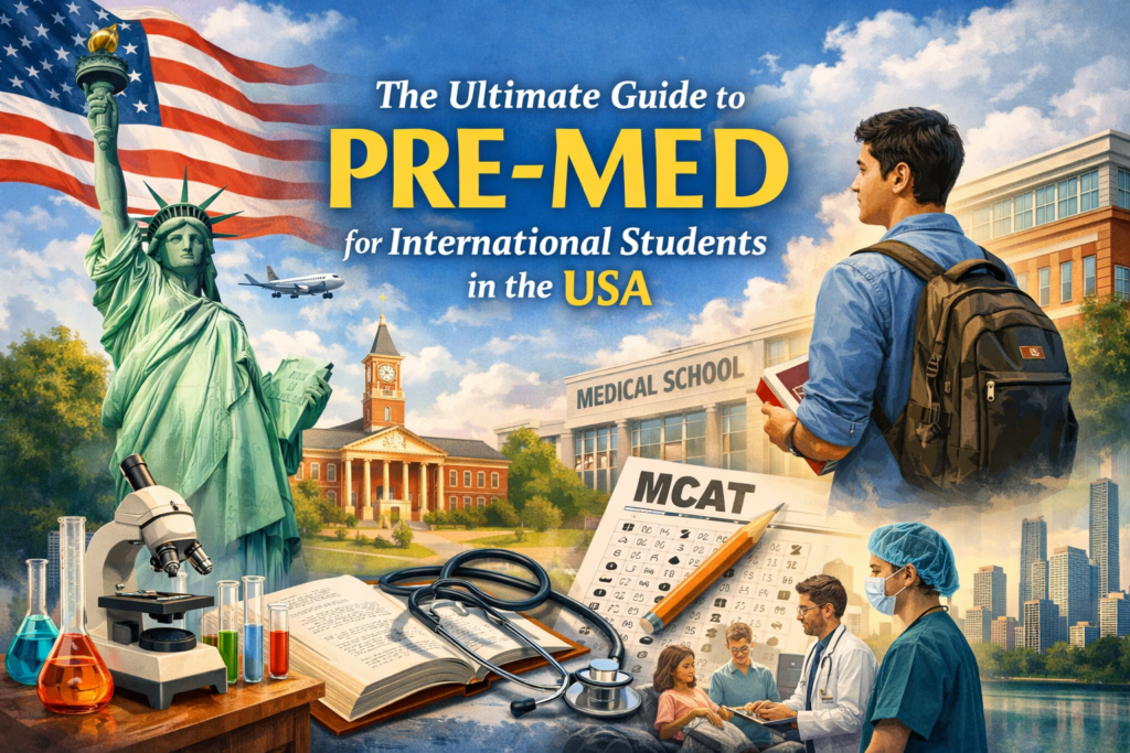 International student preparing for pre-med studies in the USA, featuring the Statue of Liberty, a university campus, a medical school building, and a student holding books. Foreground includes lab equipment, a stethoscope, and an MCAT exam sheet, while doctors interact with a patient in a hospital setting—illustrating the full journey from undergraduate study to medical practice.
