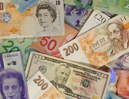 Assorted global currency: US dollars, British pounds, Canadian dollars, Czech koruna, and other banknotes.