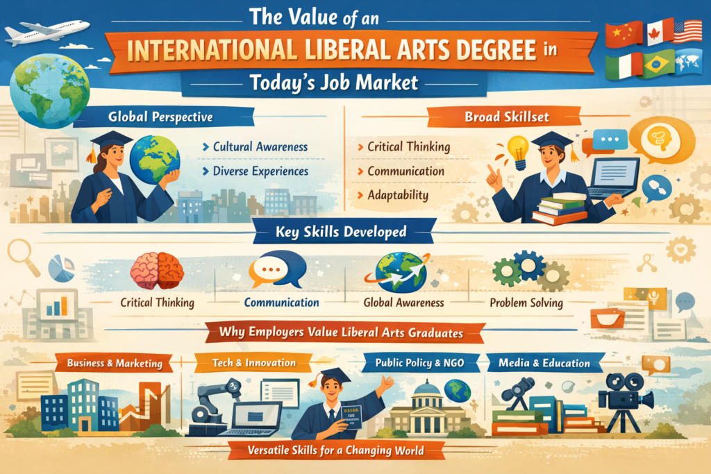 Landscape infographic illustrating the value of an international liberal arts degree, highlighting global perspective, broad skillset, and key skills like critical thinking, communication, adaptability, and problem-solving. Includes visuals of graduates, world map, academic icons, and career paths such as business, technology, public policy, and media, emphasizing versatility in today’s evolving job market.