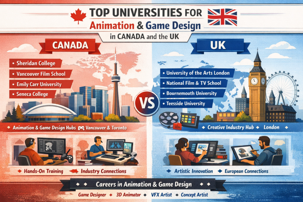 Landscape infographic showcasing top universities for animation and game design in Canada and the UK, featuring sections for each country with illustrated campuses, animation tools, and gaming elements. Highlights include Sheridan College, Vancouver Film School, and Emily Carr University in Canada, alongside UAL, NFTS, Bournemouth University, and Teesside University in the UK, with visuals of students working on 3D models, game environments, and creative projects, emphasizing career opportunities in the global animation and gaming industry.