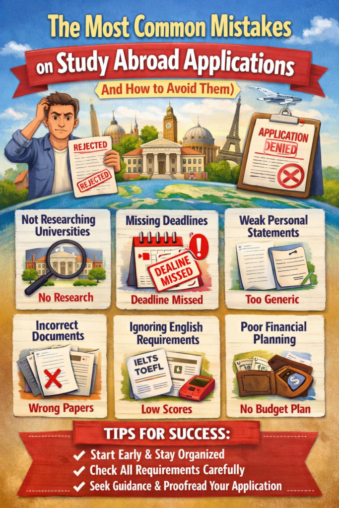 Landscape infographic illustrating the most common study abroad application mistakes, including poor university research, missed deadlines, weak personal statements, incomplete documents, low language test scores, lack of financial planning, and visa issues, with icons like passports, documents, calendars, and graduation caps connected to tips on how to avoid each mistake. 🎓✈️📄