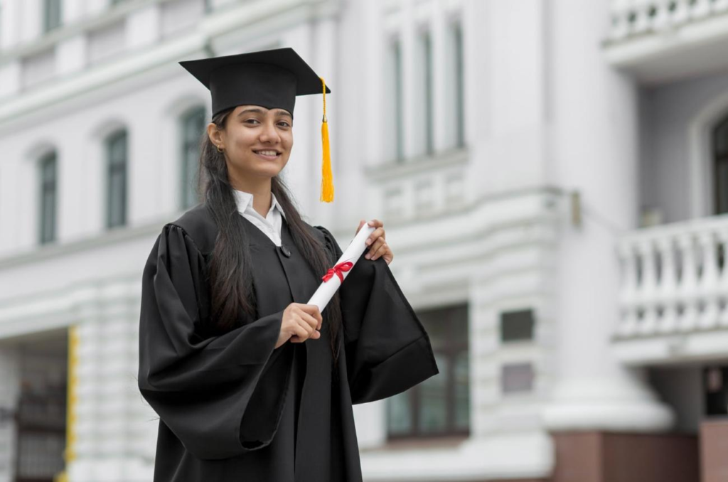 University student proudly holding a scholarship certificate during graduation ceremony, symbolizing academic achievement and merit-based awards.