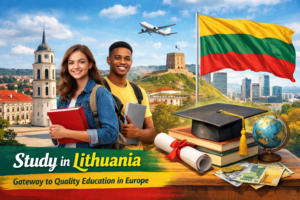 International students with books standing in front of Vilnius landmarks and the Lithuanian flag representing Lithuania's education system and study opportunities in Europe.
