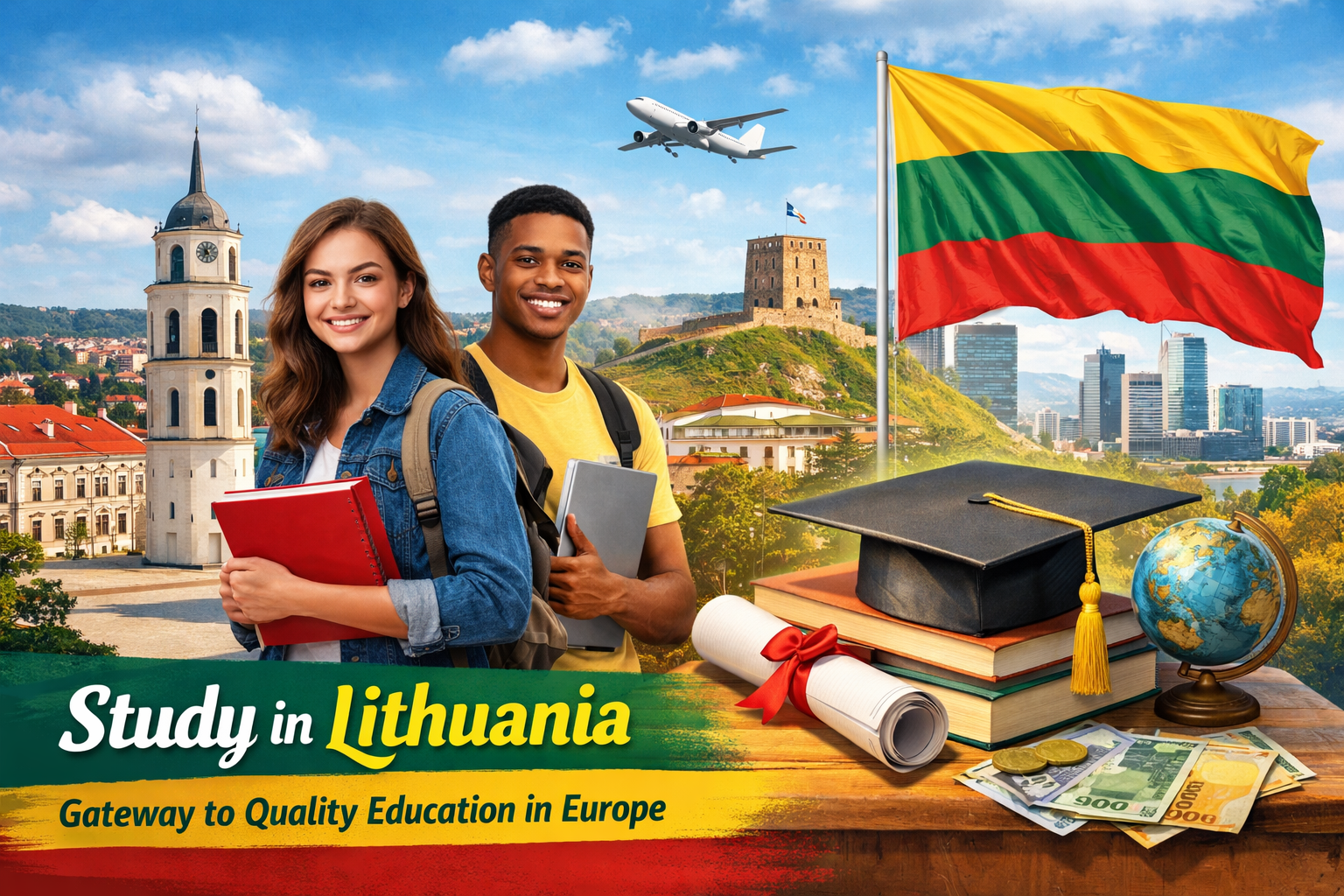 International students with books standing in front of Vilnius landmarks and the Lithuanian flag representing Lithuania's education system and study opportunities in Europe.