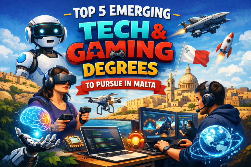 Illustration of emerging tech and gaming degrees in Malta featuring VR gaming, robotics, coding, game development, and futuristic technology with the Malta skyline in the background.