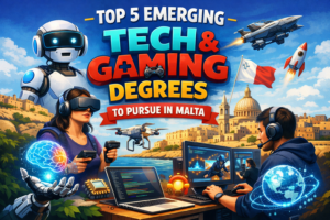 Illustration of emerging tech and gaming degrees in Malta featuring VR gaming, robotics, coding, game development, and futuristic technology with the Malta skyline in the background.