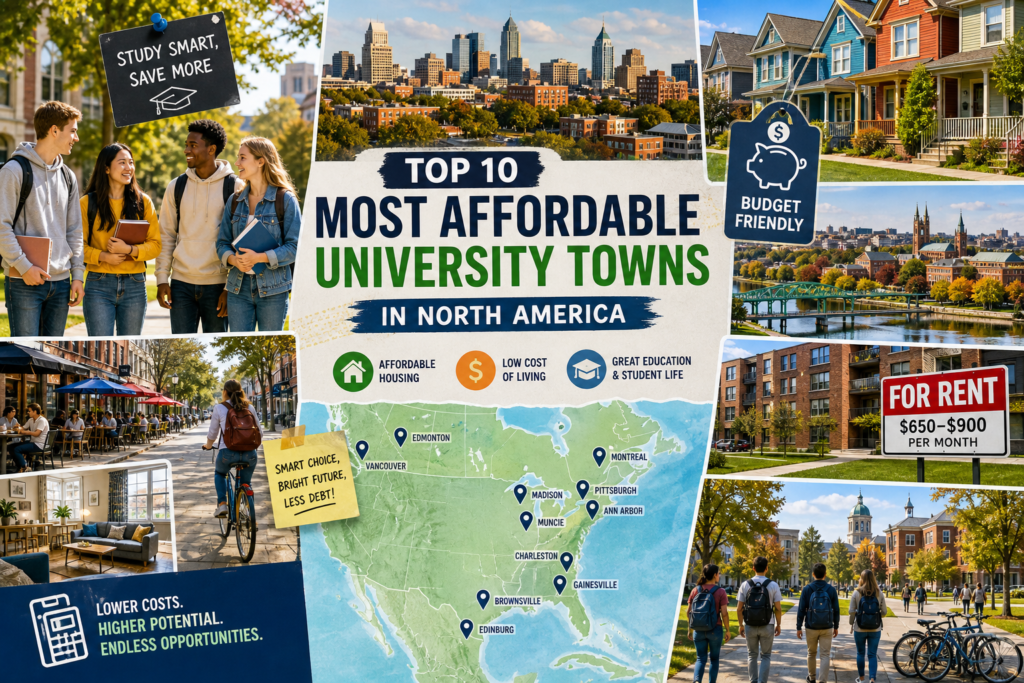 Collage of affordable university towns in North America with students, campuses, and budget-friendly living elements highlighting low-cost college cities.