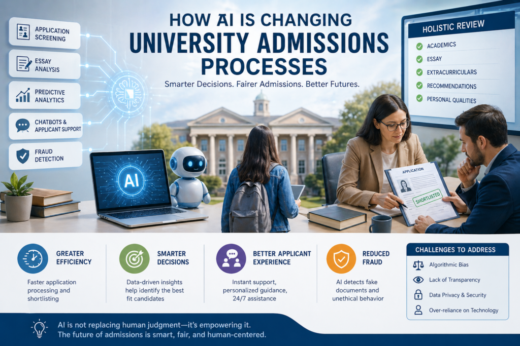 Infographic showing how AI is transforming university admissions processes with application screening, predictive analytics, chatbots, and human review for smarter and more efficient decisions.
