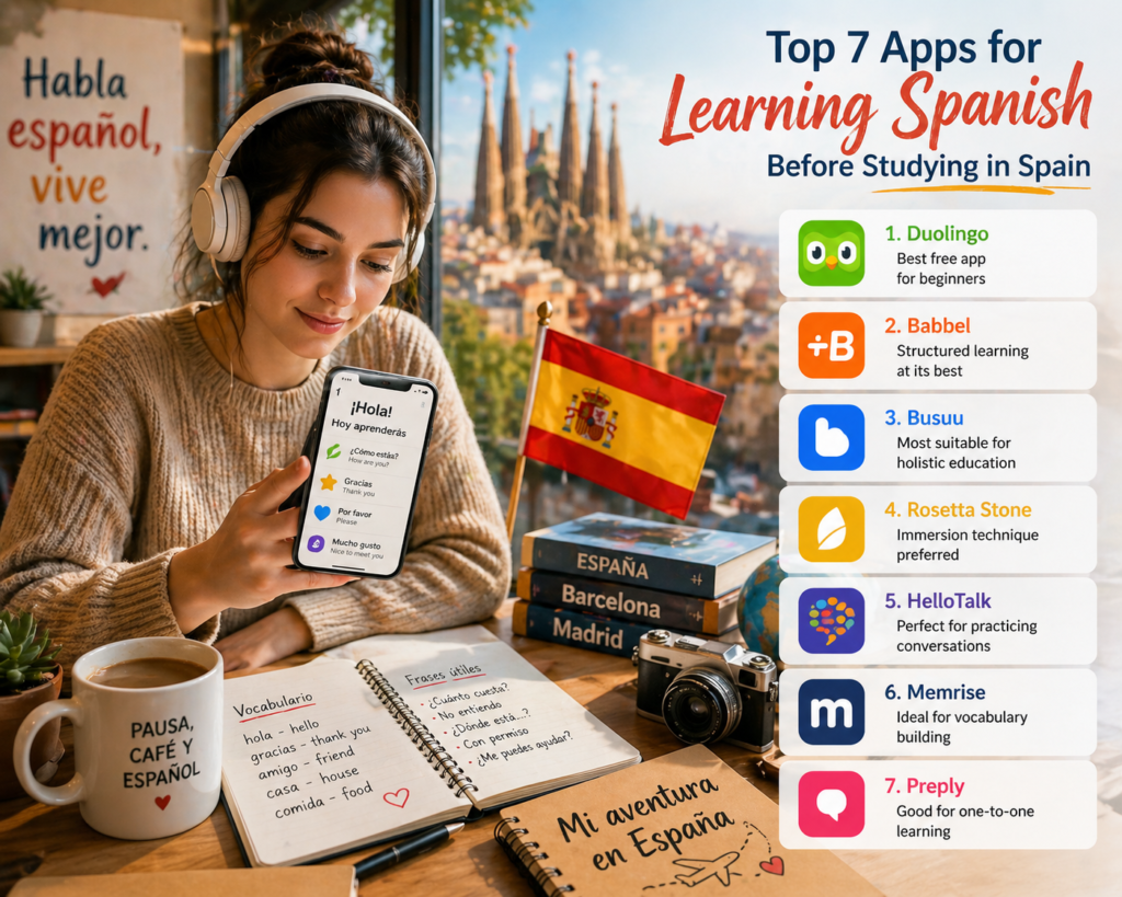 Student using mobile apps to learn Spanish with headphones and study materials, preparing for studying abroad in Spain.