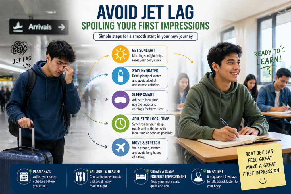 Infographic showing a tired international student arriving at an airport with luggage and later feeling refreshed in a classroom, with icons for sunlight, water bottle, sleep mask, clock, and airplane representing jet lag recovery tips.
