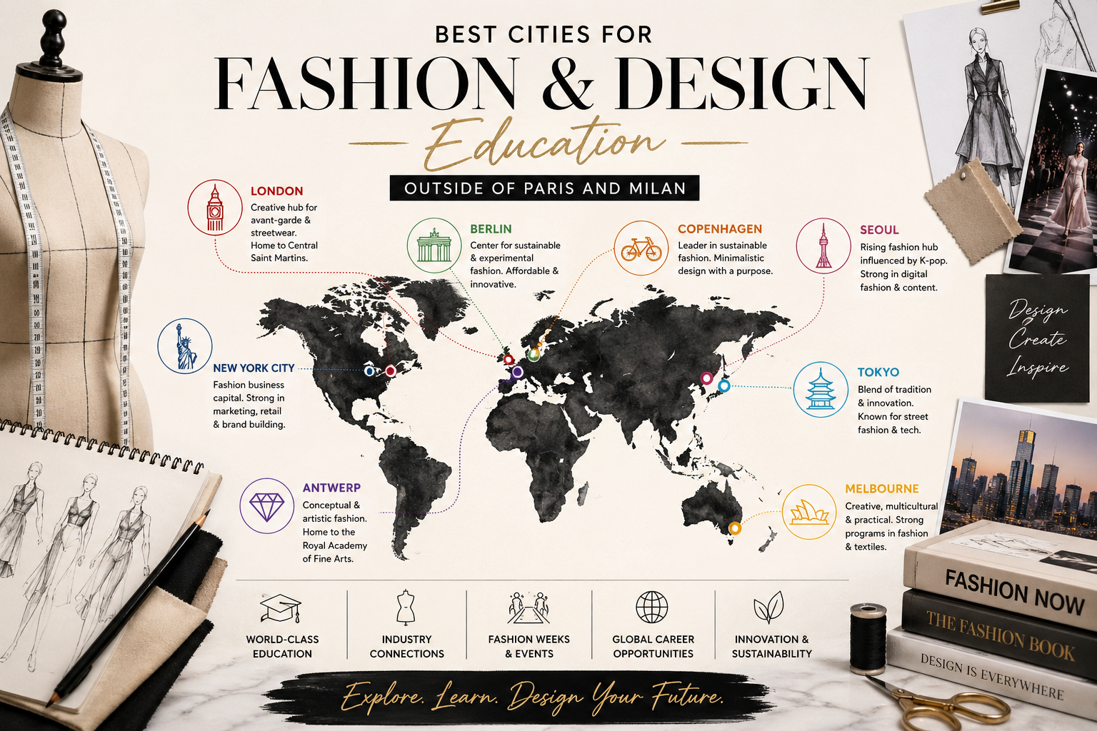 Infographic showing the best cities for fashion and design education outside Paris and Milan, highlighting global hubs such as London, New York City, Tokyo, Antwerp, Berlin, Copenhagen, Seoul, and Melbourne with brief descriptions of each city’s fashion strengths, education opportunities, and industry focus on a world map.