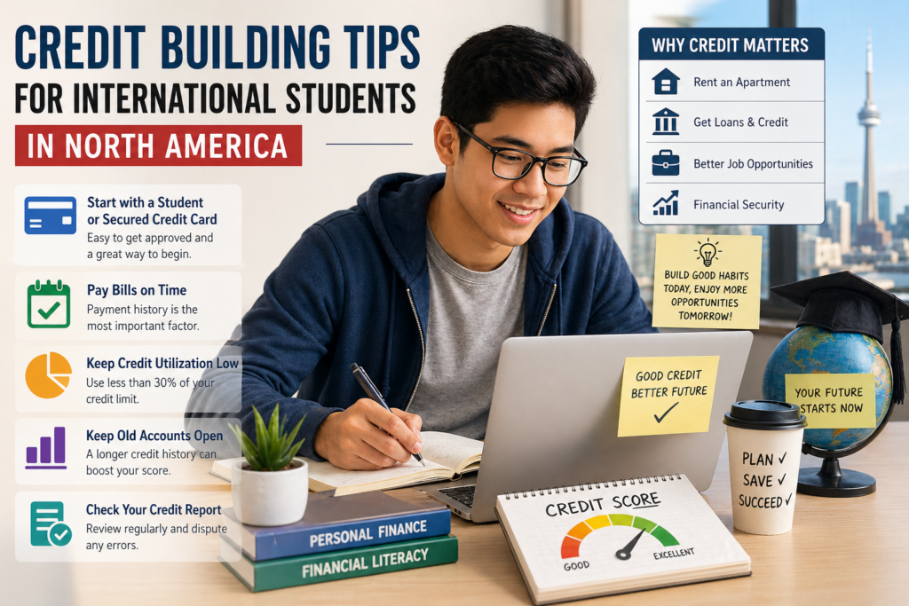 Infographic showing credit building tips for international students in North America, featuring a student studying at a desk with icons for credit cards, bill payments, credit score growth, and financial success.