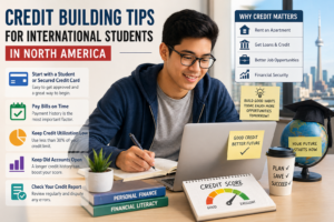 Infographic showing credit building tips for international students in North America, featuring a student studying at a desk with icons for credit cards, bill payments, credit score growth, and financial success.