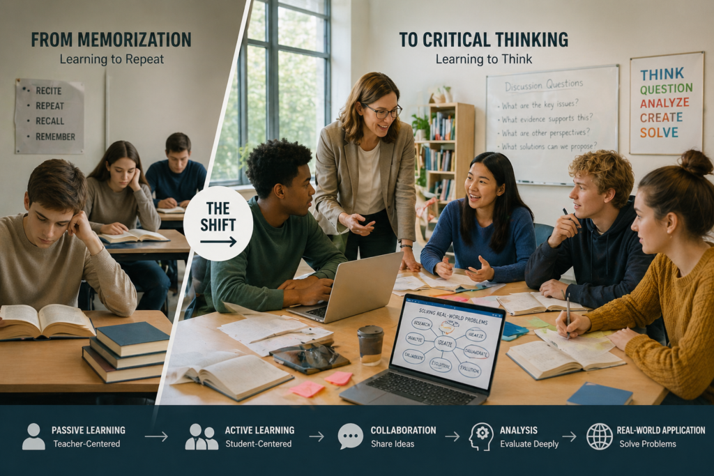 Students engaging in discussion and problem-solving in a modern classroom, illustrating critical thinking in Western education compared to traditional memorization learning.