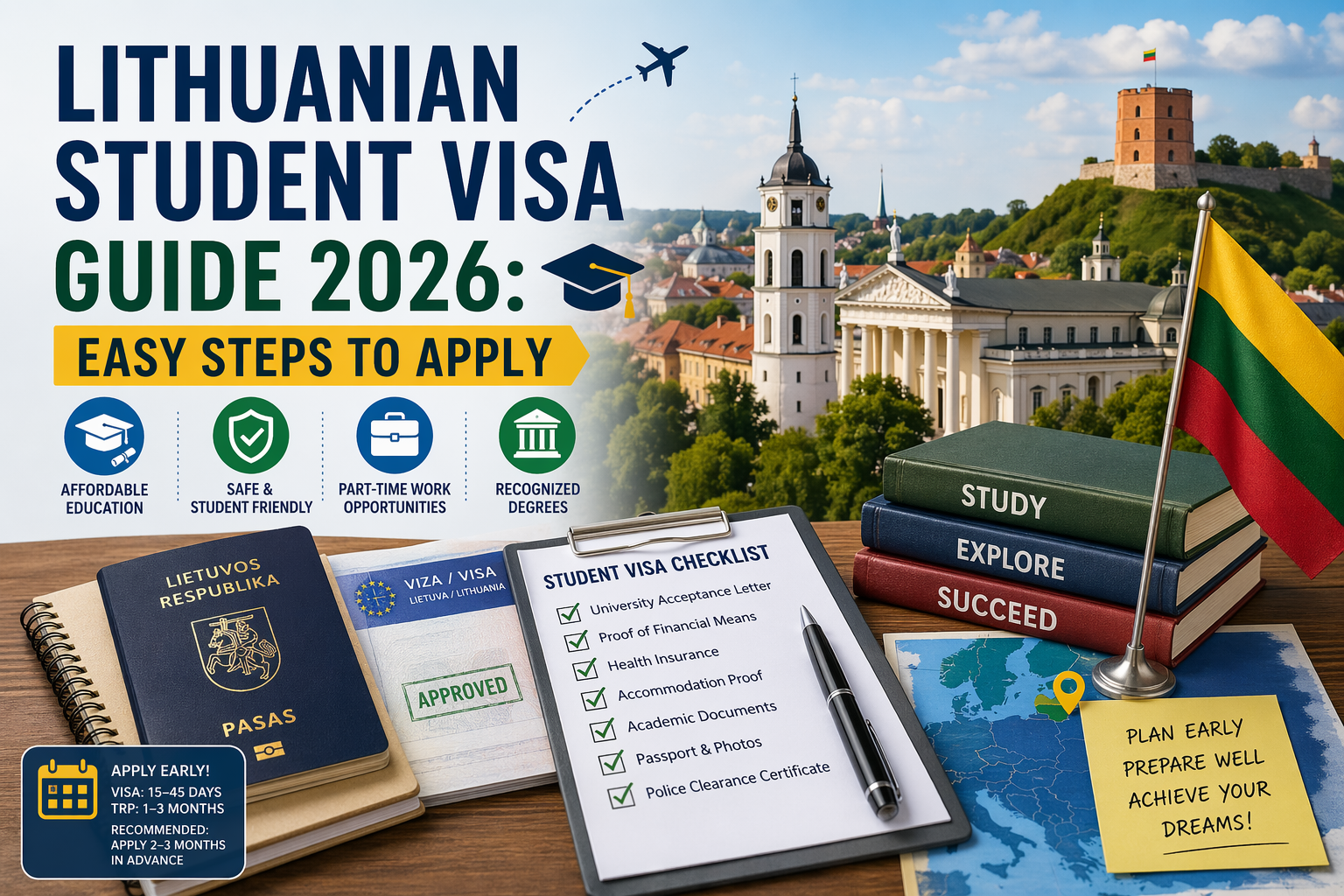 Infographic cover showing Lithuanian Student Visa Guide 2026 with a scenic view of Vilnius, student checklist, passport, visa documents, and icons highlighting affordable education, safety, part-time work, and recognized degrees.