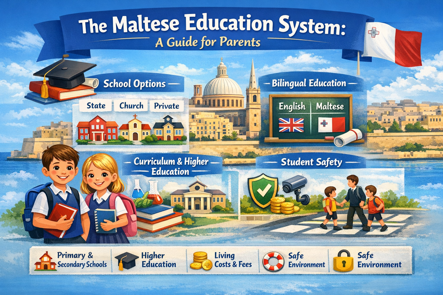Illustration showing the Maltese education system with school building, bilingual learning symbols, students, and icons representing school types, curriculum, safety, and education structure in Malta.