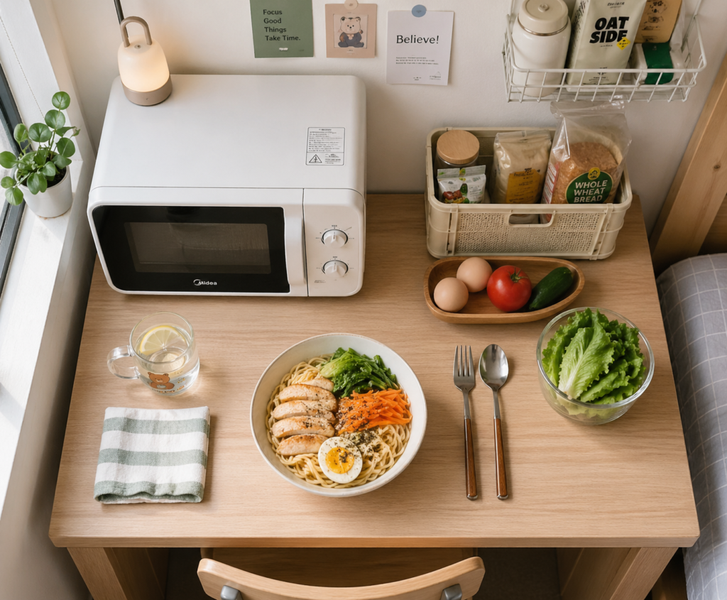 Top-down view of a cozy student dorm desk setup with a compact microwave, a bowl of healthy noodles with vegetables and egg, and simple ingredients like eggs, tomato, cucumber, lettuce, and bread neatly arranged in soft natural light.