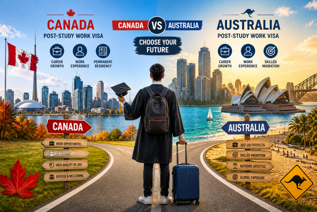 Graduate choosing between Canada and Australia for post-study work visa opportunities with city skylines and career symbols.