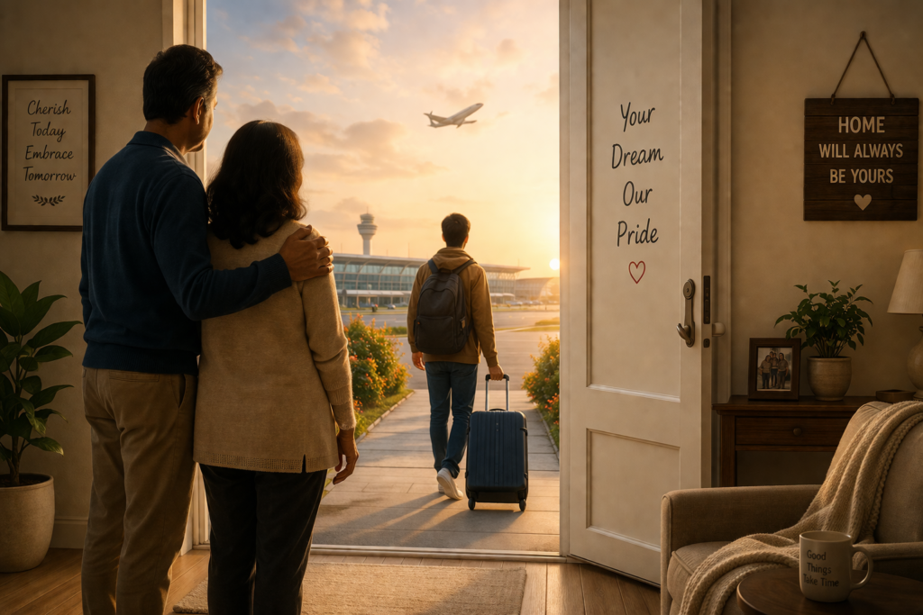 Parents standing in an empty home doorway watching their child leave with luggage for studying abroad, symbolizing empty nest syndrome.