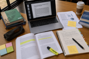 Overhead view of a realistic student study desk with academic journals, printed research papers, a laptop displaying a PDF article, handwritten notes, sticky notes, and a highlighter, set in a quiet library-like environment with soft natural daylight, illustrating effective academic journal reading and note-taking.