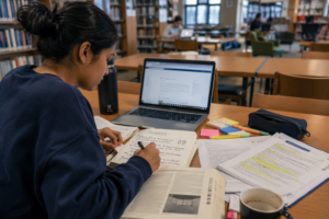University student studying in a library, taking notes from academic sources while using a laptop and reference materials, illustrating proper research practices, citation management, and avoiding accidental plagiarism.University student studying in a library, taking notes from academic sources while using a laptop and reference materials, illustrating proper research practices, citation management, and avoiding accidental plagiarism.