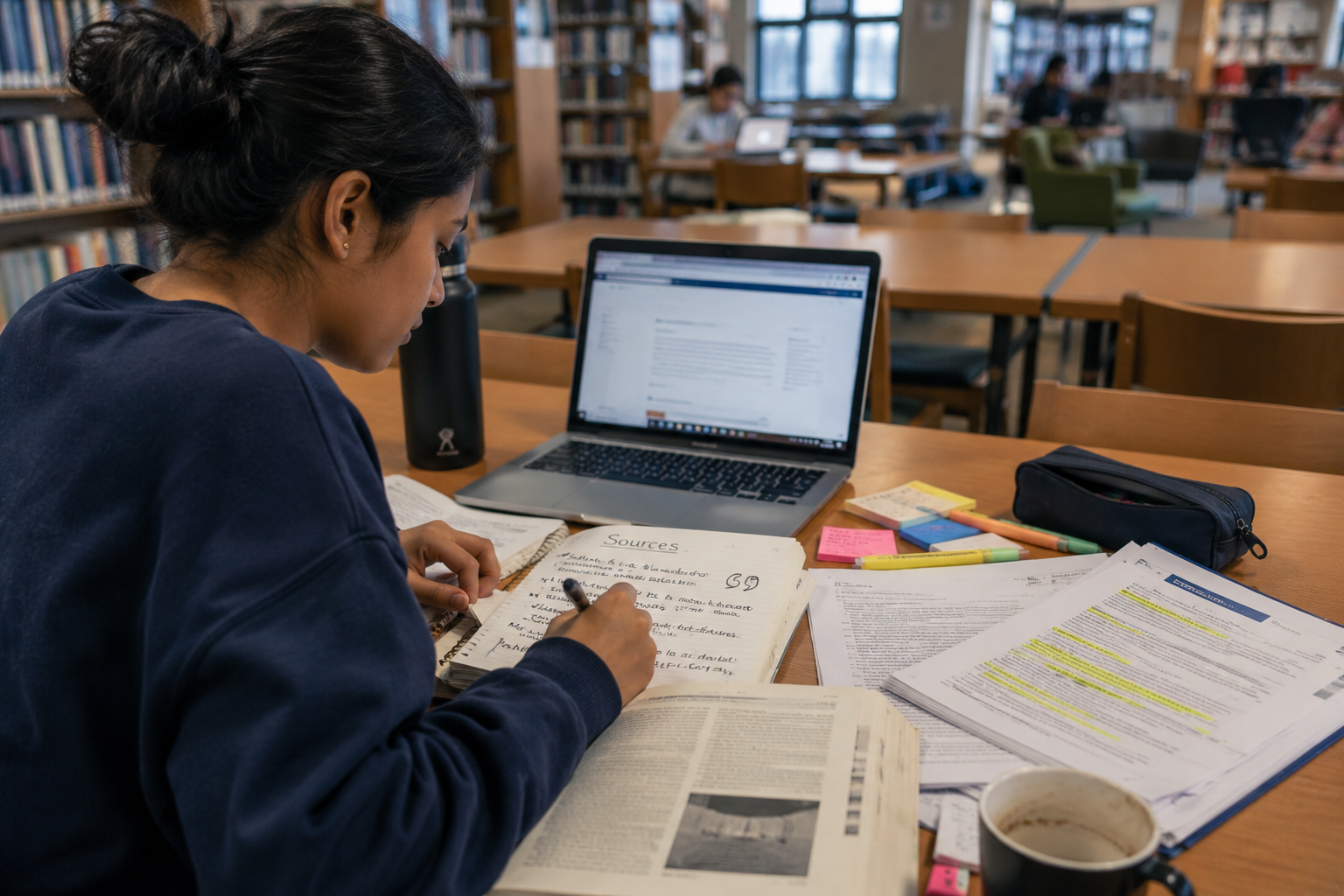 University student studying in a library, taking notes from academic sources while using a laptop and reference materials, illustrating proper research practices, citation management, and avoiding accidental plagiarism.University student studying in a library, taking notes from academic sources while using a laptop and reference materials, illustrating proper research practices, citation management, and avoiding accidental plagiarism.