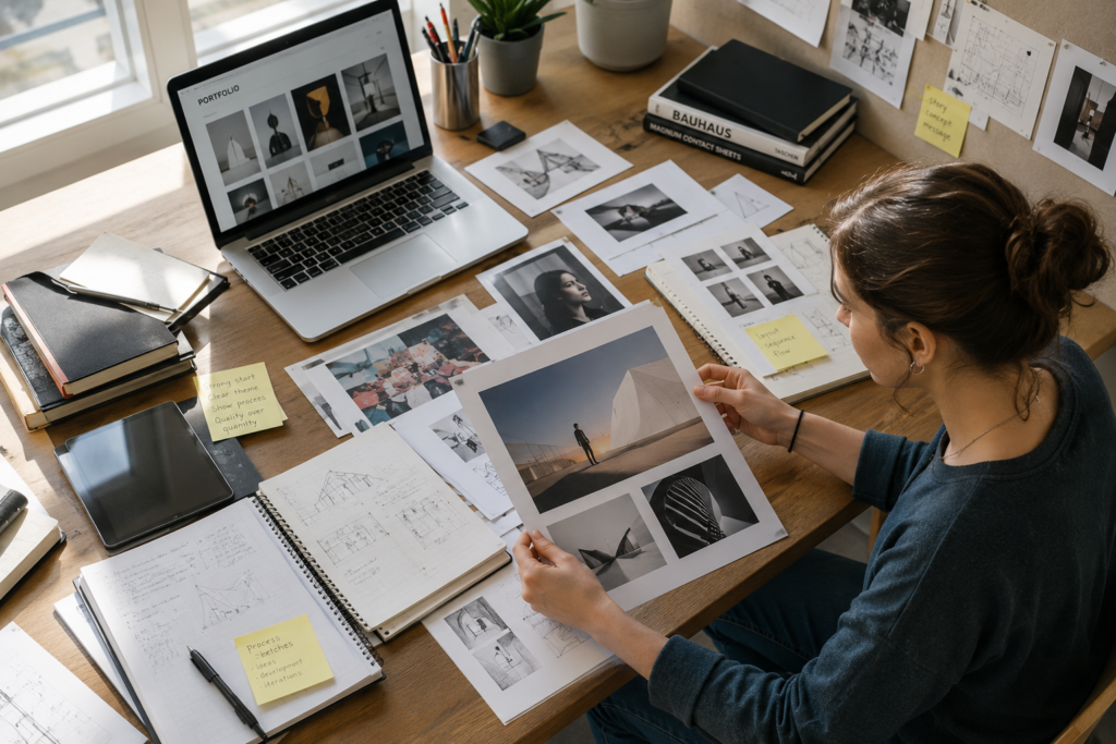 Overhead view of a creative student organizing a portfolio application in a bright studio workspace. The desk contains photography prints, architectural sketches, design mockups, notebooks, sticky notes, and a laptop displaying a portfolio layout. The student reviews and arranges selected projects, highlighting the creative process, portfolio development, and preparation for university admission abroad.