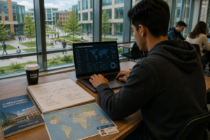 International student studying cybersecurity on a laptop in a modern university campus, with cybersecurity notes, a world map highlighting study destinations, and academic materials on a wooden desk.