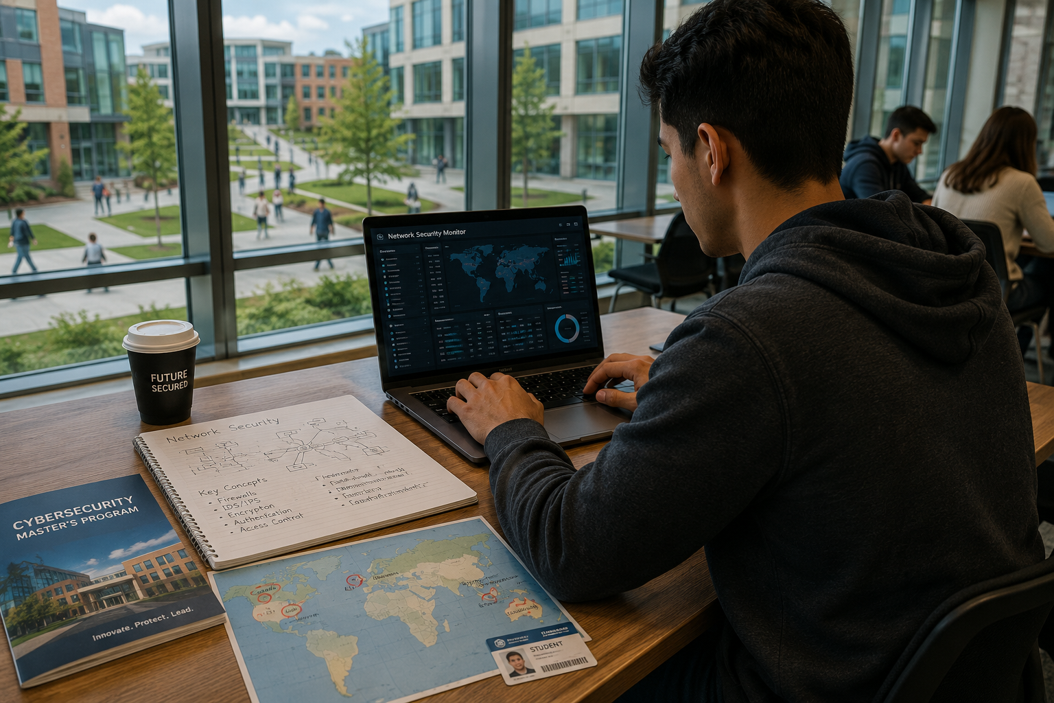 International student studying cybersecurity on a laptop in a modern university campus, with cybersecurity notes, a world map highlighting study destinations, and academic materials on a wooden desk.