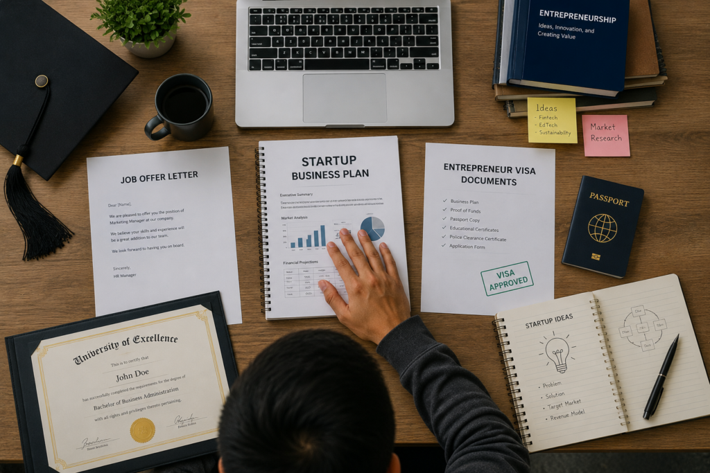 Overhead view of a graduate comparing a job offer letter, startup business plan, and entrepreneur visa documents, with a passport, university degree certificate, laptop, and startup notes on a desk.