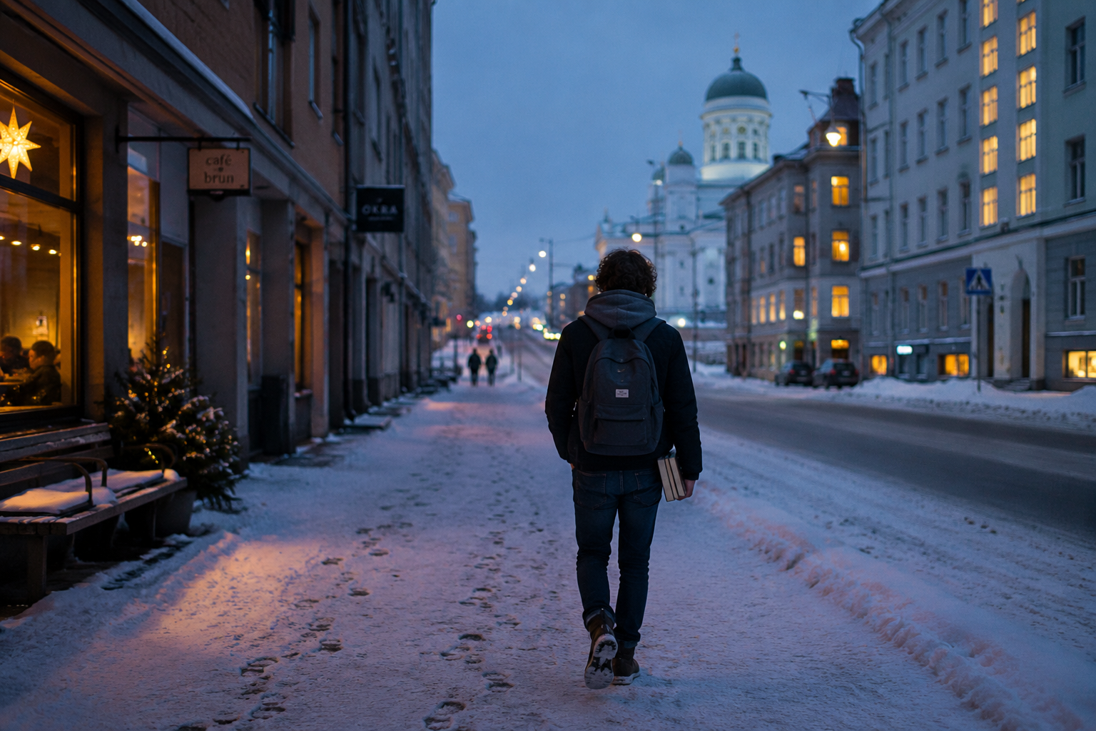 International student walking alone along a snowy street in Finland at dusk, carrying books and a backpack, with warm café lights and footprints in the snow symbolizing resilience and perseverance.