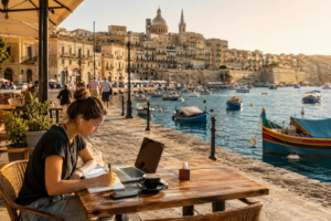 International student studying at a waterfront café in Malta with historic architecture and the Mediterranean Sea in the background.