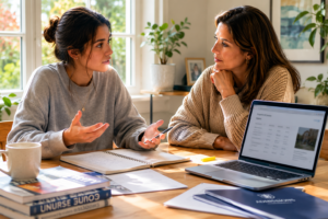 A young university student discussing a possible major change with his mother at a wooden table, with a laptop, notebook, and study materials in a calm, natural light home setting.