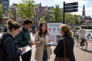 Public health students conducting a community health survey in a European canal-side city. The students are speaking with a local resident, taking notes on clipboards, and gathering information near a public health awareness display, while cyclists and pedestrians move through the background. The scene highlights hands-on public health education, community engagement, and real-world learning opportunities in the Netherlands and Denmark.