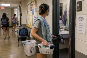 University student standing in a dorm hallway outside a shared bathroom, holding a shower caddy and shower sandals with a towel over one shoulder in a realistic dorm setting.