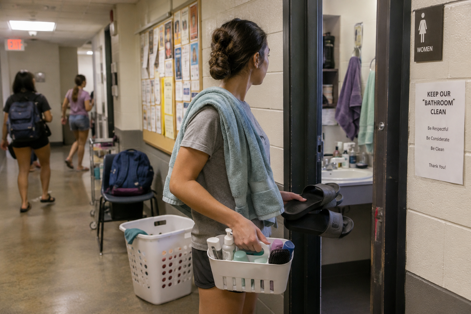 University student standing in a dorm hallway outside a shared bathroom, holding a shower caddy and shower sandals with a towel over one shoulder in a realistic dorm setting.