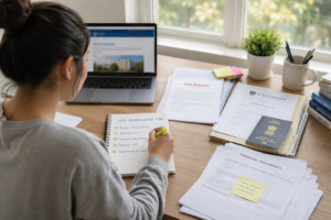 Student reviewing visa application documents at a study desk, creating a checklist and organizing financial records, admission papers, and supporting materials before reapplying after a visa refusal.