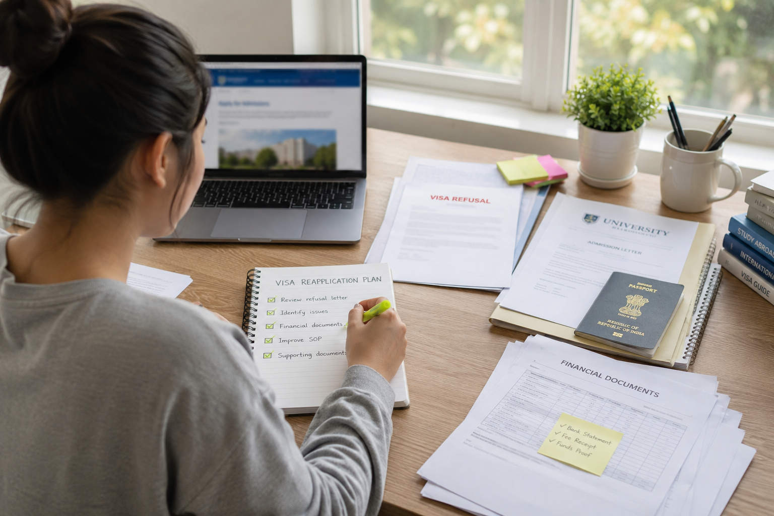 Student reviewing visa application documents at a study desk, creating a checklist and organizing financial records, admission papers, and supporting materials before reapplying after a visa refusal.