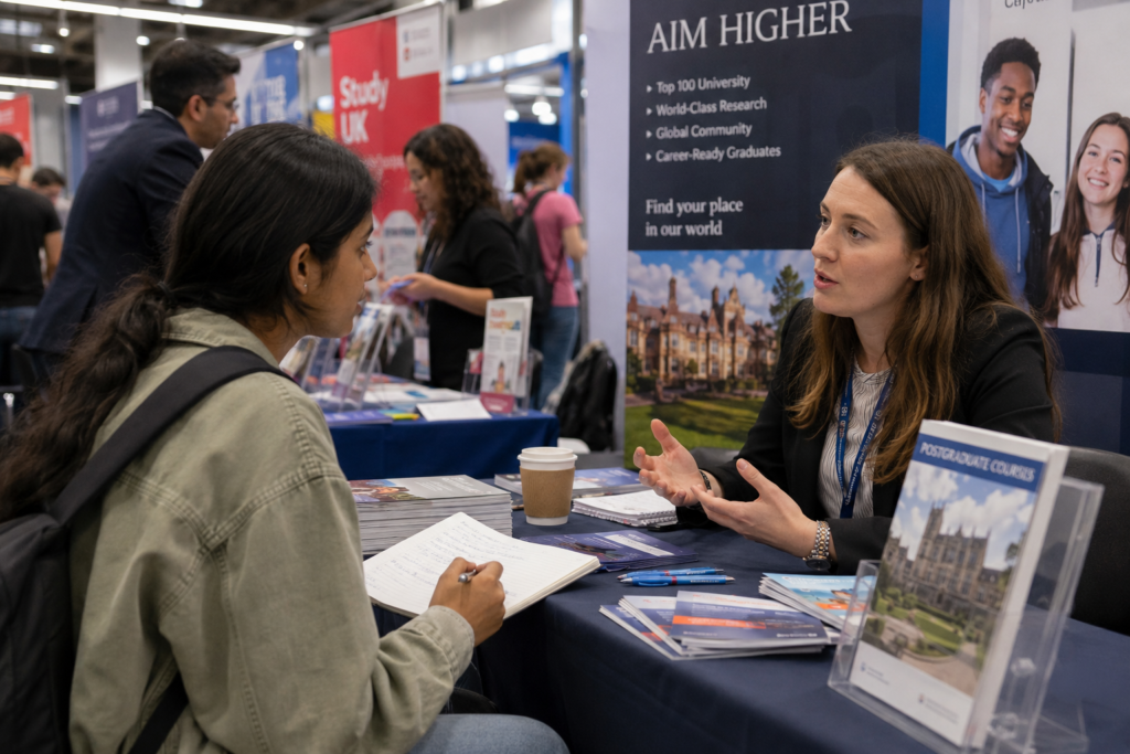 Prospective international student speaking with a university representative at an education fair booth while taking notes, surrounded by brochures and a busy event atmosphere.